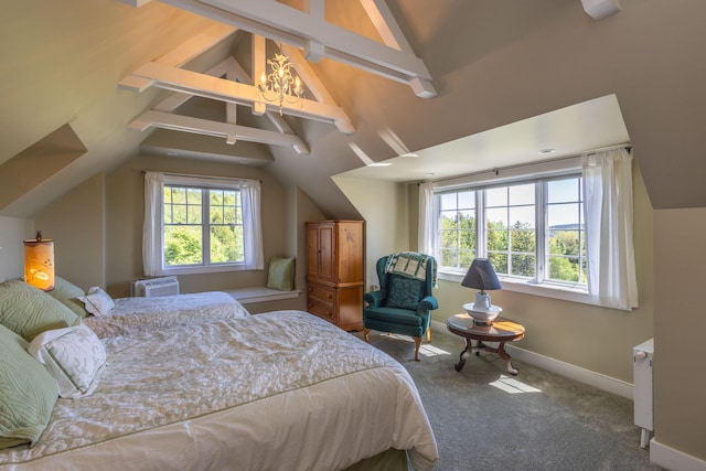 321 Beech Hill Rd, Northport, ME 04849 - carpeted bedroom featuring multiple windows, a chandelier, and baseboards