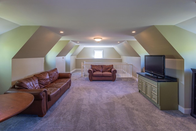 321 Beech Hill Rd, Northport, ME 04849 - living area featuring lofted ceiling, carpet, baseboards, and recessed lighting