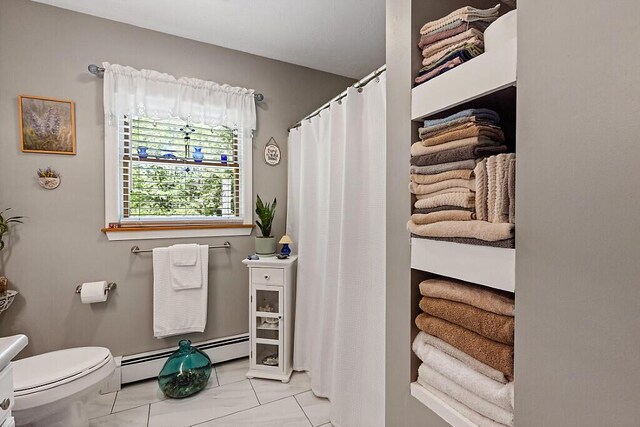 11 Lewis Rd, Sidney, ME 04330 - full bath with toilet, curtained shower, and a baseboard radiator