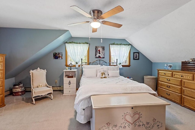 11 Lewis Rd, Sidney, ME 04330 - bedroom featuring light carpet, baseboard heating, vaulted ceiling, and ceiling fan