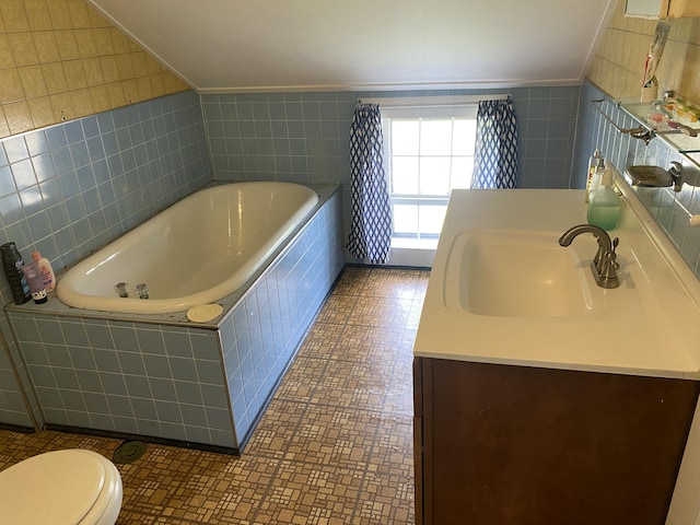 13 Main St, Cambridge, ME 04923 - bathroom with a garden tub, toilet, tile walls, crown molding, and vanity