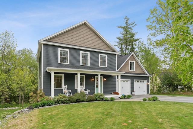 40 Sabatus Ln, Windham, ME 04062 - view of front of home with asphalt driveway, a garage, covered porch, and a front yard