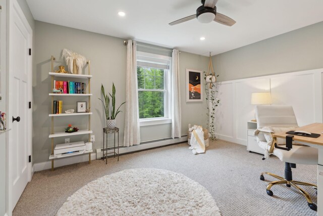 40 Sabatus Ln, Windham, ME 04062 - carpeted home office featuring a baseboard radiator, recessed lighting, and a ceiling fan