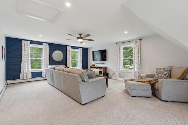 40 Sabatus Ln, Windham, ME 04062 - carpeted living room featuring attic access, recessed lighting, a ceiling fan, and a baseboard radiator