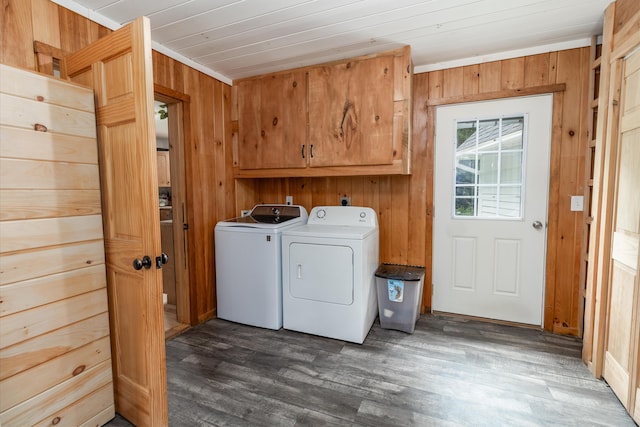 310 Fields Hill Rd, Sumner, ME 04292 - laundry room with cabinet space, washer and clothes dryer, wooden ceiling, dark wood finished floors, and wood walls