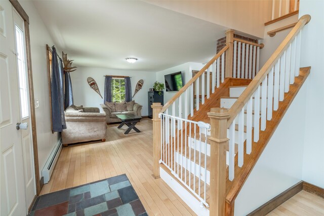 310 Fields Hill Rd, Sumner, ME 04292 - stairway featuring baseboard heating, wood-type flooring, and baseboards