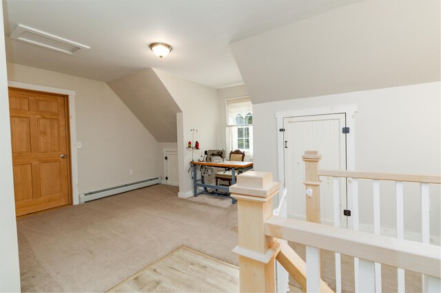 310 Fields Hill Rd, Sumner, ME 04292 - bonus room featuring a baseboard radiator, attic access, light colored carpet, and vaulted ceiling