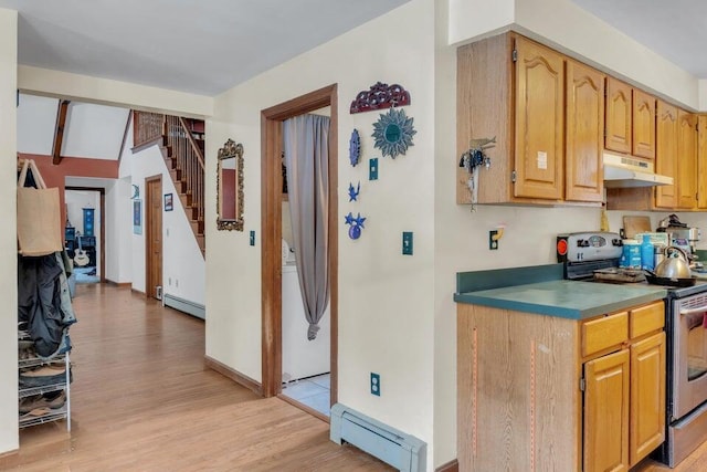 32 Milky Way Ln, Durham, ME 04222 - kitchen with a baseboard heating unit, stainless steel range with electric stovetop, under cabinet range hood, and light wood finished floors
