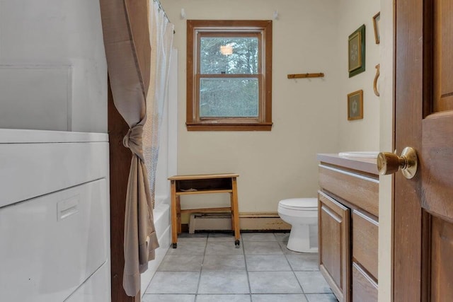 32 Milky Way Ln, Durham, ME 04222 - bathroom with toilet, vanity, tile patterned flooring, baseboards, and baseboard heating