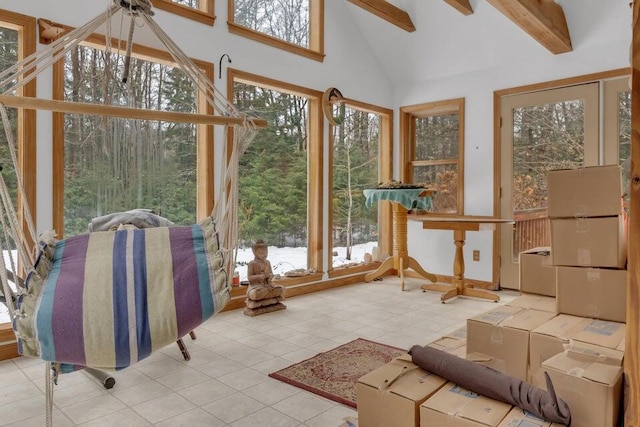 32 Milky Way Ln, Durham, ME 04222 - sunroom with tile patterned flooring, beam ceiling, and high vaulted ceiling
