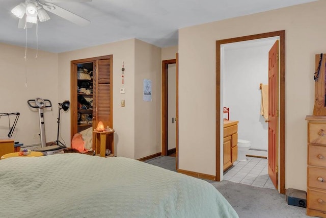 32 Milky Way Ln, Durham, ME 04222 - bedroom with light colored carpet, a closet, connected bathroom, baseboards, and a ceiling fan