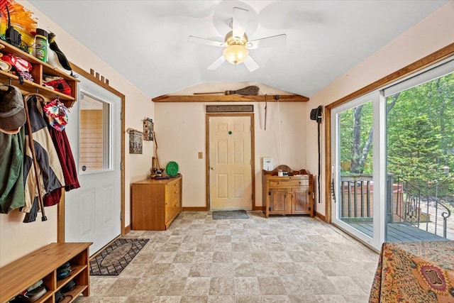 2 Blueberry Pines Dr, Kennebunk, ME 04043 - mudroom featuring vaulted ceiling, baseboards, a ceiling fan, and stone finish floors