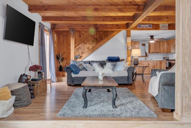 41 Sunny Ln, Sanford, ME 04073 - living room featuring wood finished floors, wooden ceiling with exposed beams, wooden walls, a ceiling fan, and stairs
