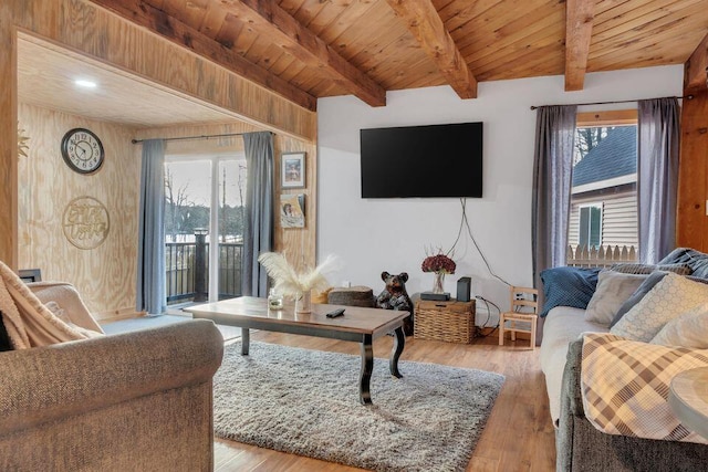 41 Sunny Ln, Sanford, ME 04073 - living room with wooden ceiling with exposed beams, healthy amount of natural light, and wood finished floors