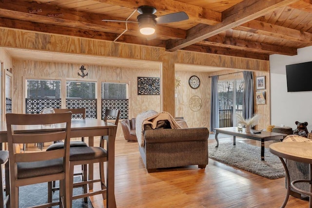 41 Sunny Ln, Sanford, ME 04073 - living area with wooden ceiling with exposed beams, ceiling fan, wood finished floors, and wooden walls