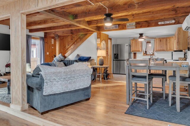 41 Sunny Ln, Sanford, ME 04073 - living room with ceiling fan, light wood-style flooring, and wood ceiling with exposed beams