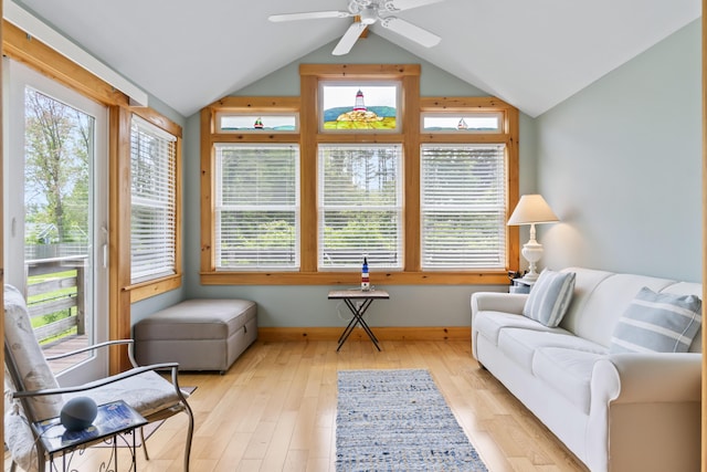 82 Littlefield Rd, Wells, ME 04090 - living room featuring healthy amount of natural light, baseboards, ceiling fan, vaulted ceiling, and wood finished floors