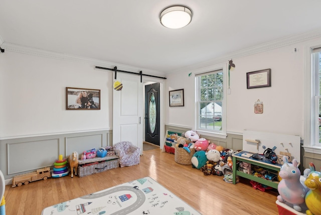 47 Old Post Ln, Sanford, ME 04073 - playroom with ornamental molding, a barn door, wainscoting, wood finished floors, and a decorative wall