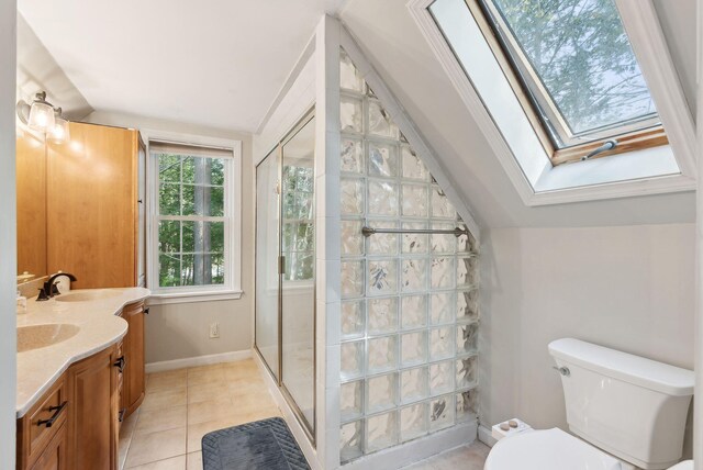 47 Old Post Ln, Sanford, ME 04073 - full bathroom featuring lofted ceiling, a shower stall, double vanity, toilet, and a skylight
