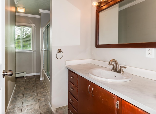 982 Main St, Grand Isle, ME 04746 - full bathroom featuring a baseboard radiator, crown molding, vanity, stone finish floors, and baseboards