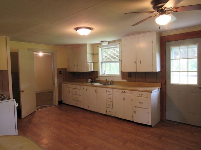 25 Moores Mill Rd, Canaan, ME 04924 - kitchen featuring white cabinets, wood finished floors, ceiling fan, and a sink