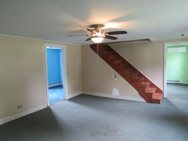 25 Moores Mill Rd, Canaan, ME 04924 - unfurnished living room featuring a ceiling fan, stairs, carpet flooring, baseboard heating, and a wall mounted AC