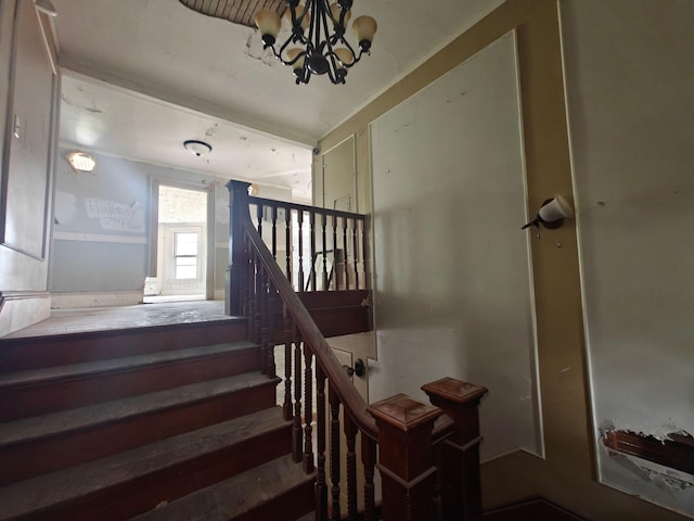 9 St Albans Rd, Corinna, ME 04928 - stairway featuring a chandelier