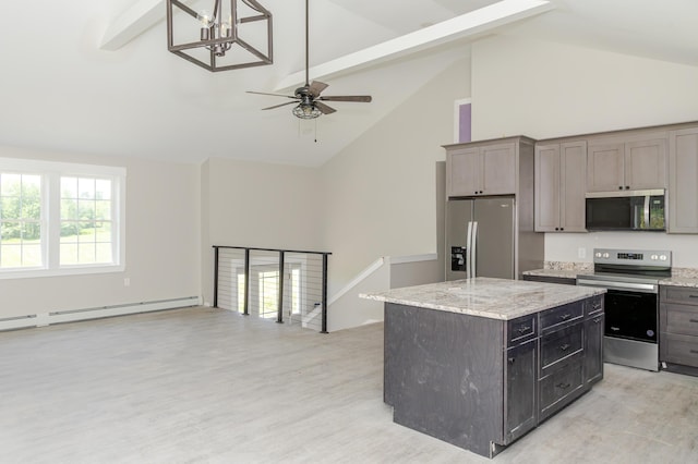 44 Bailey Rd, Cambridge, ME 04923 - kitchen featuring appliances with stainless steel finishes, high vaulted ceiling, light wood-type flooring, beam ceiling, and ceiling fan