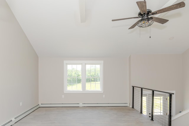 44 Bailey Rd, Cambridge, ME 04923 - spare room featuring light wood-style flooring, baseboard heating, ceiling fan, and vaulted ceiling