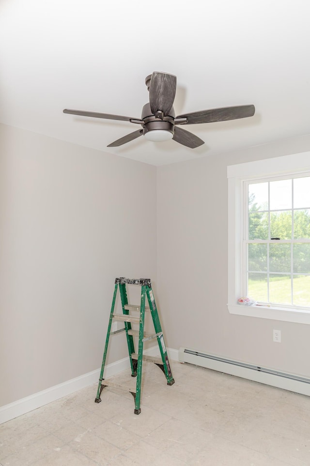 44 Bailey Rd, Cambridge, ME 04923 - playroom featuring a baseboard heating unit, a ceiling fan, and baseboards