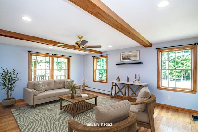 321 Riverbend Rd, Brownfield, ME 04010 - living area featuring beamed ceiling, a baseboard heating unit, recessed lighting, a ceiling fan, and light wood-style floors