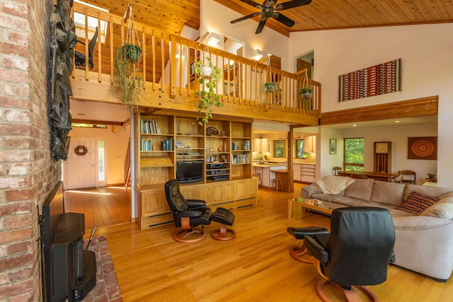 5 Spring Mountain Dr, Rockport, ME 04856 - living room featuring high vaulted ceiling, plenty of natural light, light wood-style flooring, a ceiling fan, and wood ceiling
