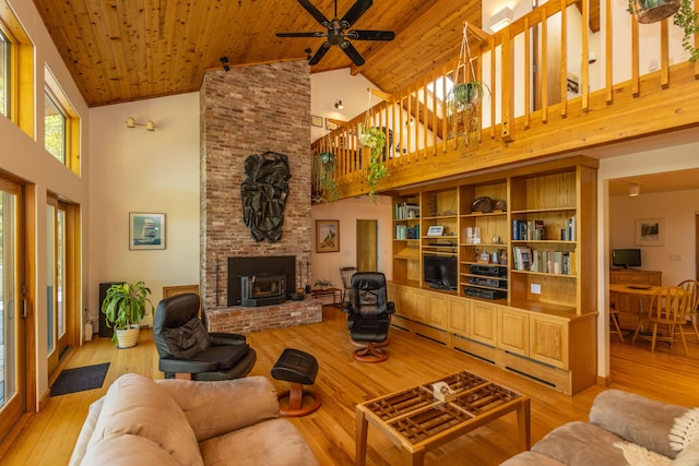 5 Spring Mountain Dr, Rockport, ME 04856 - living room with high vaulted ceiling, light wood finished floors, wood ceiling, and ceiling fan