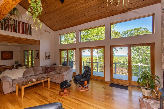 5 Spring Mountain Dr, Rockport, ME 04856 - living area featuring high vaulted ceiling, wood finished floors, and wood ceiling