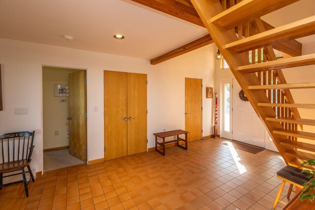 5 Spring Mountain Dr, Rockport, ME 04856 - living room with stairway, recessed lighting, light tile patterned floors, and baseboards