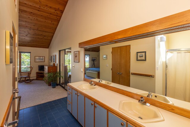 5 Spring Mountain Dr, Rockport, ME 04856 - bathroom featuring high vaulted ceiling, wood ceiling, tile patterned floors, and double vanity