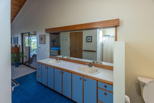 5 Spring Mountain Dr, Rockport, ME 04856 - full bathroom featuring double vanity, toilet, high vaulted ceiling, and wooden ceiling