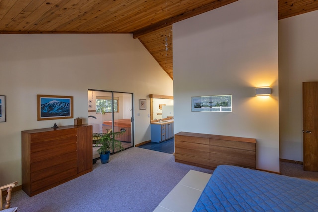 5 Spring Mountain Dr, Rockport, ME 04856 - carpeted bedroom featuring wooden ceiling with exposed beams, high vaulted ceiling, baseboards, and ensuite bathroom