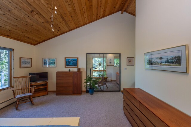 5 Spring Mountain Dr, Rockport, ME 04856 - living area featuring wood ceiling with exposed beams, carpet flooring, and high vaulted ceiling