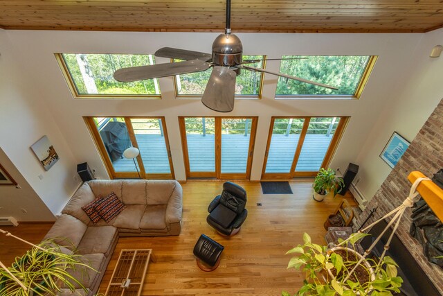 5 Spring Mountain Dr, Rockport, ME 04856 - living room with ceiling fan, wood finished floors, a towering ceiling, and wood ceiling