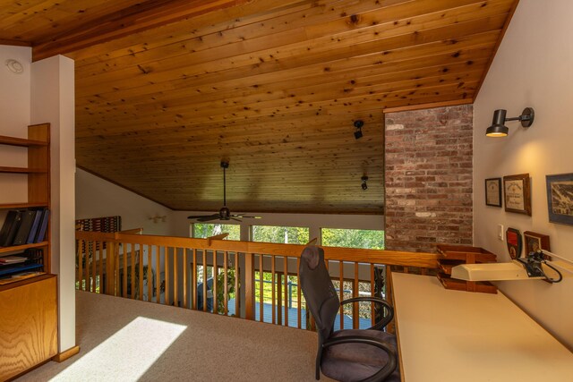 5 Spring Mountain Dr, Rockport, ME 04856 - office area with wooden ceiling, a ceiling fan, lofted ceiling, and carpet floors