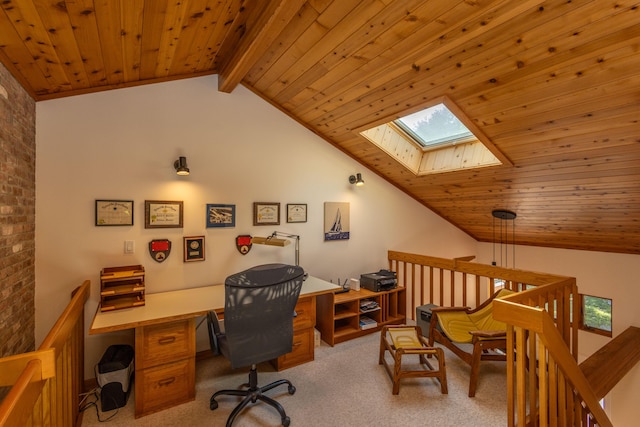 5 Spring Mountain Dr, Rockport, ME 04856 - home office featuring carpet flooring, wooden ceiling, and a skylight