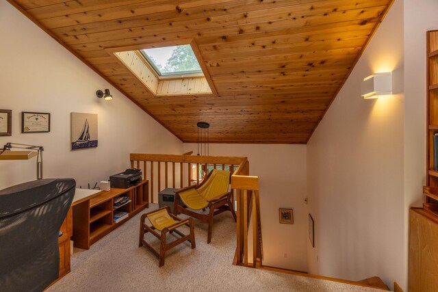 5 Spring Mountain Dr, Rockport, ME 04856 - office featuring light carpet, wood ceiling, a skylight, and lofted ceiling