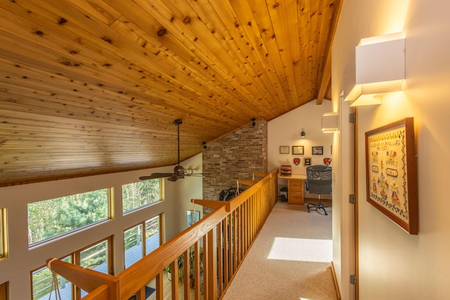 5 Spring Mountain Dr, Rockport, ME 04856 - corridor with plenty of natural light, light colored carpet, wooden ceiling, and high vaulted ceiling
