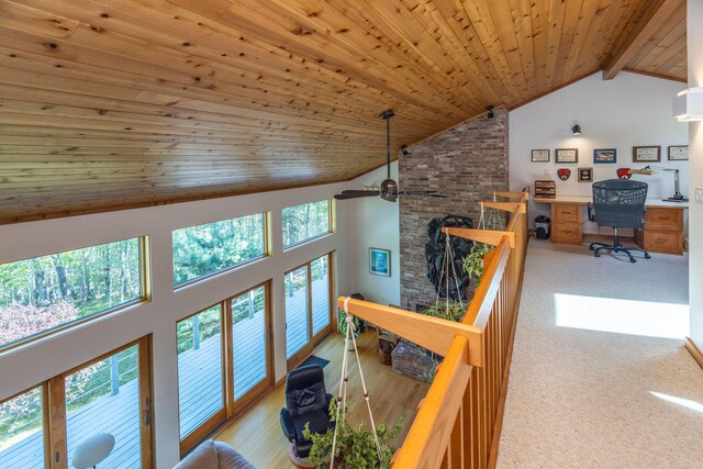 5 Spring Mountain Dr, Rockport, ME 04856 - corridor featuring a desk, high vaulted ceiling, and wood ceiling with exposed beams