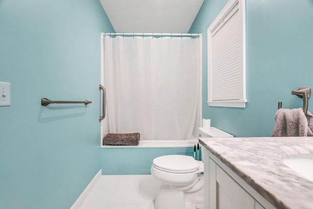 612 Airline Rd, Amherst, ME 04605 - bathroom featuring vanity, tile patterned floors, and shower / bath combo with shower curtain