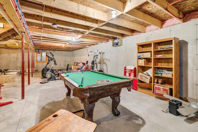 612 Airline Rd, Amherst, ME 04605 - recreation room featuring concrete floors, electric panel, and billiards table
