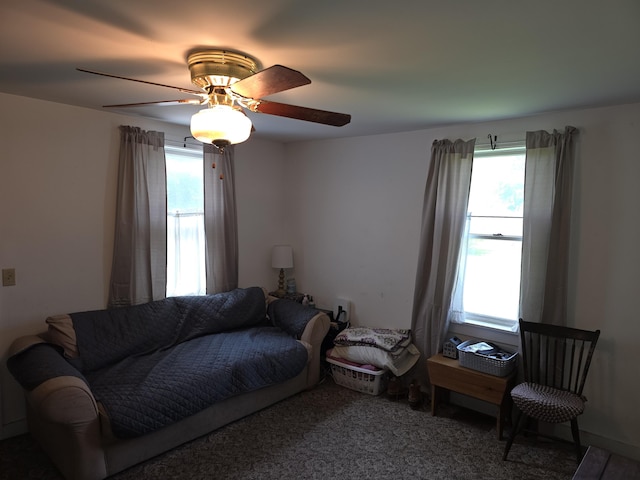 18 Cedar Ln, Belfast, ME 04915 - living area featuring healthy amount of natural light, a ceiling fan, and carpet