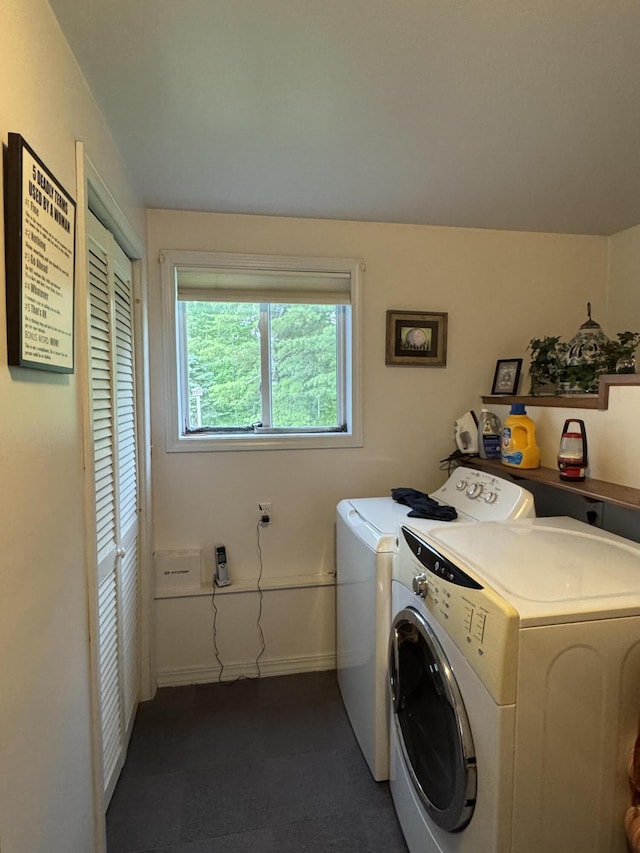 55 Pember Rd, Levant, ME 04456 - laundry room featuring independent washer and dryer, dark carpet, and baseboards