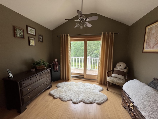 55 Pember Rd, Levant, ME 04456 - bedroom featuring access to exterior, light wood-style flooring, lofted ceiling, and ceiling fan